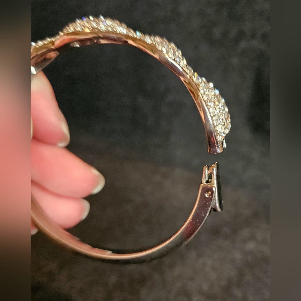 Silver-Tone Hinged Bangle Bracelet With Clear Rhinestones - Picture 3 of 4